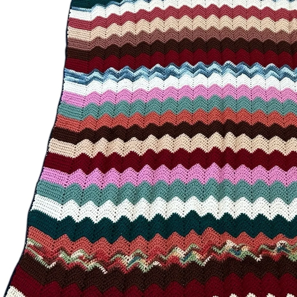 Handmade Vintage Afghan Throw Blanket Zigzag Colorful Chevron Pattern 60 X 65